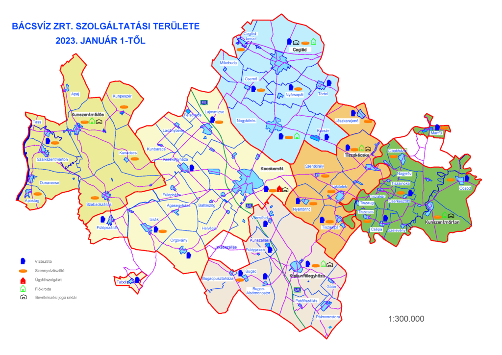 BÁCSVÍZ Zrt. ellátási területe. A képre kattintva megnyílik a települések listája.